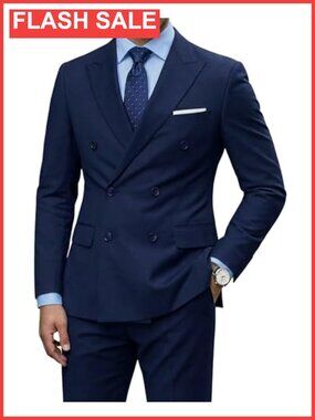 Men's Slim Fit Double Breasted Suit Jacket Pants Set with Tie